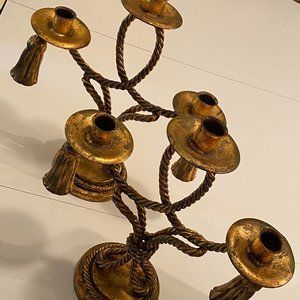 SOLD Vtg Italian Gilt Toleware Rope and Tassel Candelabras with Pedestal Bowl
